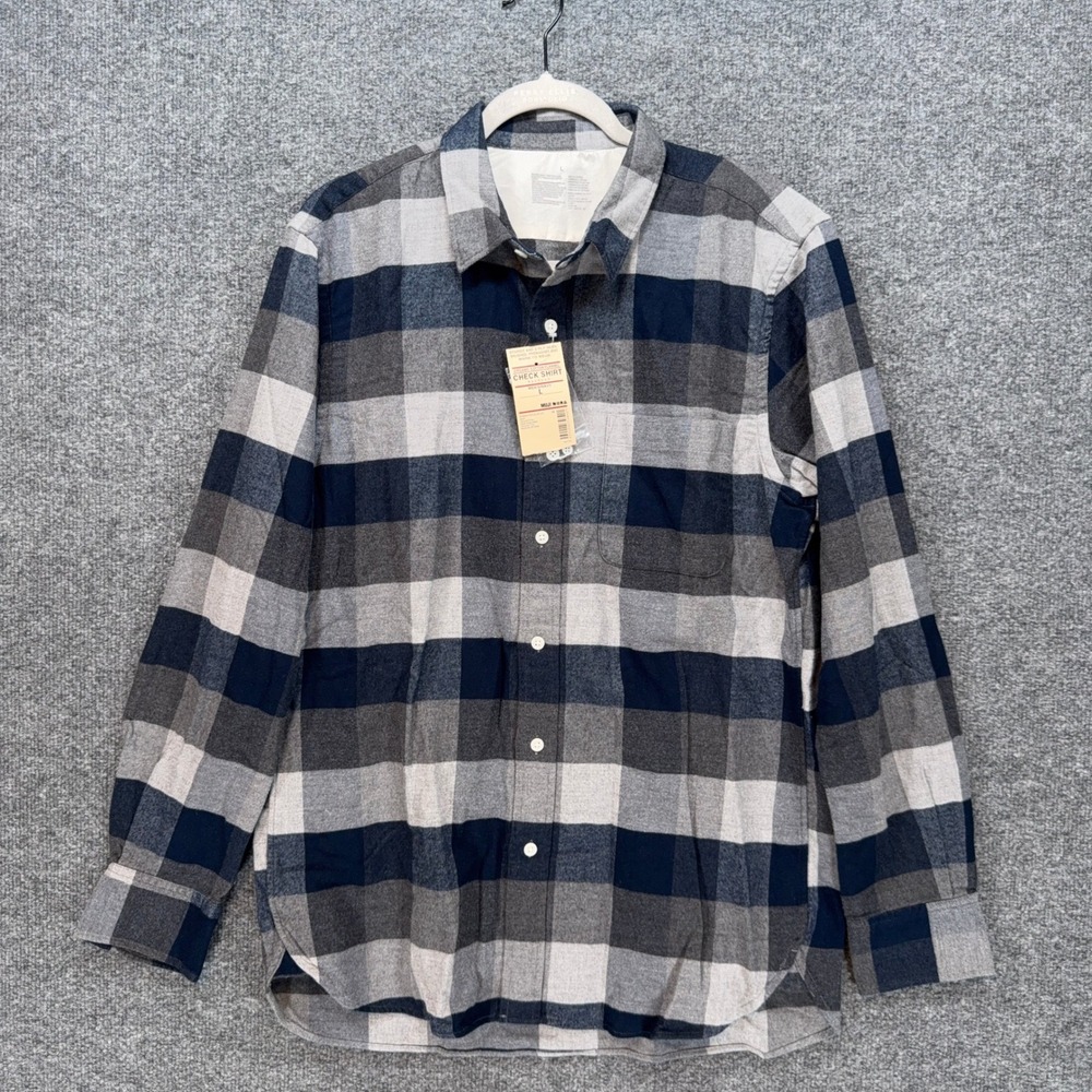 Muji Shirt Mens Large Navy Organic Cotton Flannel Buffalo Plaid Button Up NEW